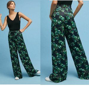 Anthropologie Black Green Floral Wide Leg Pants